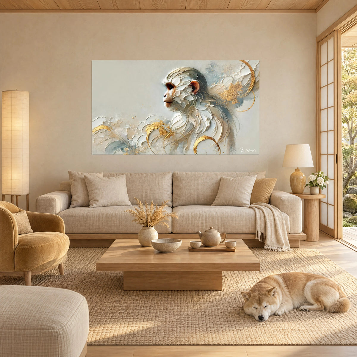Tableau macaque en profil aux empâtements ivoire, éclats d'or et bleu-gris, Shiba endormi, au-dessus d'un canapé dans un salon lumineux