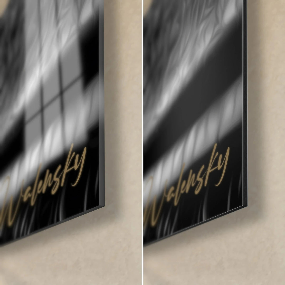 Tableau primate noir et or, signature Walensky dorée, coin bas droit en verre brillant reflets et alu Dibond mat