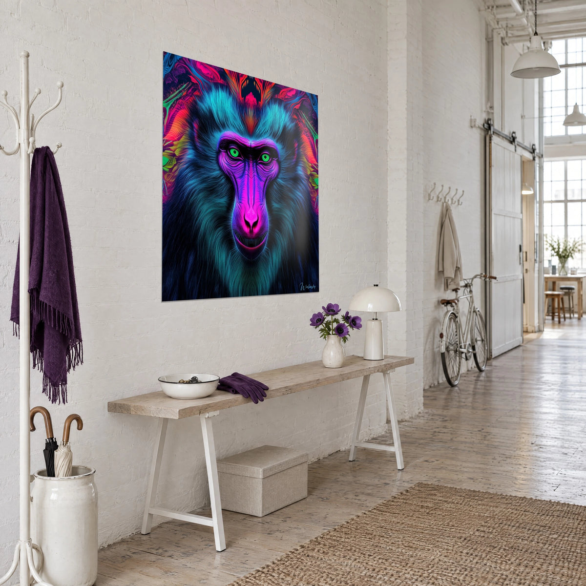 Quadro di babbuino ipnotico al neon, naso rosa fucsia, pelliccia turchese e motivi arancioni simmetrici, loft d'artista