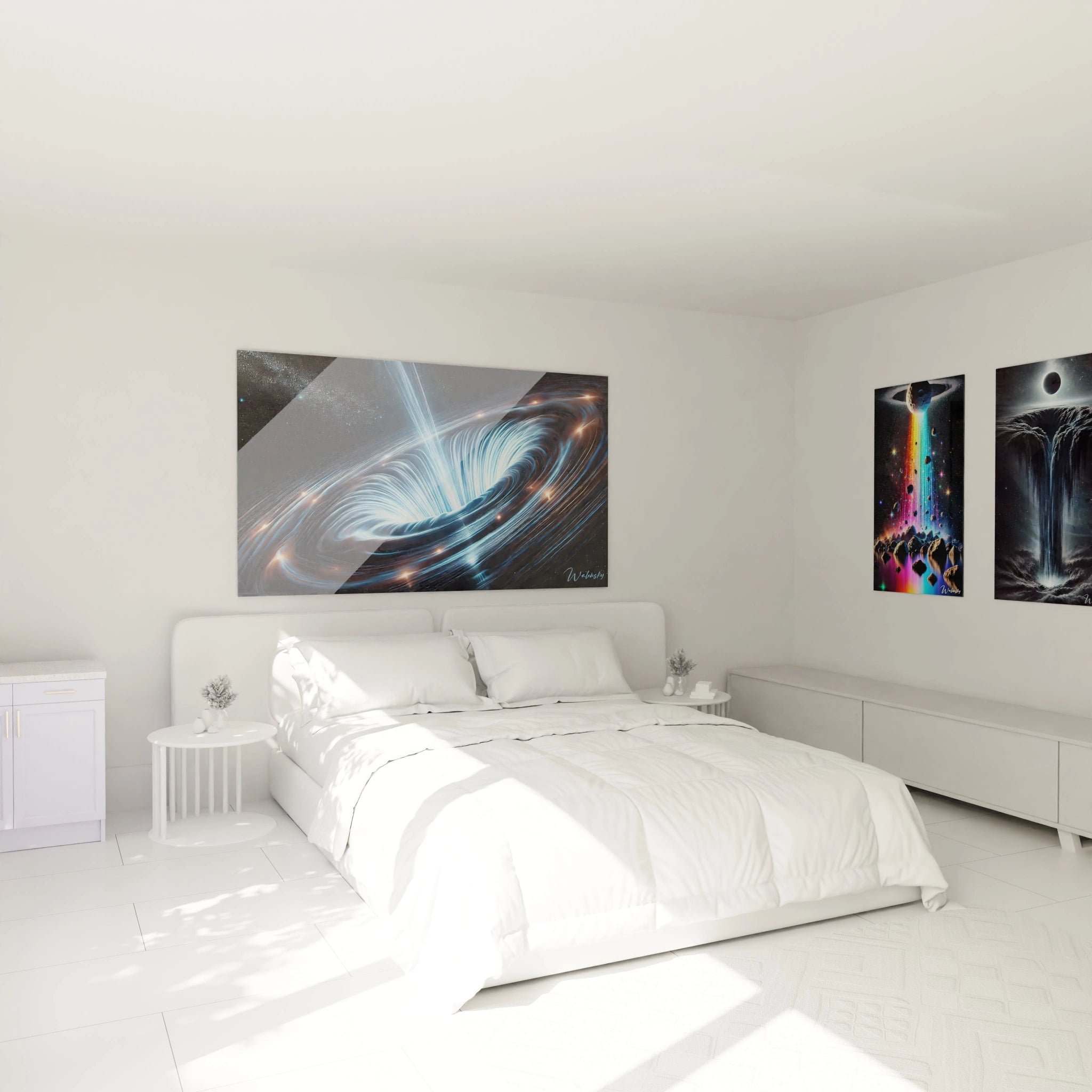 Ce tableau espace apporte calme et fascination au-dessus du lit. Ses teintes bleu argent noir illuminent la pièce d’une énergie cosmique propice à la méditation et aux rêves.


