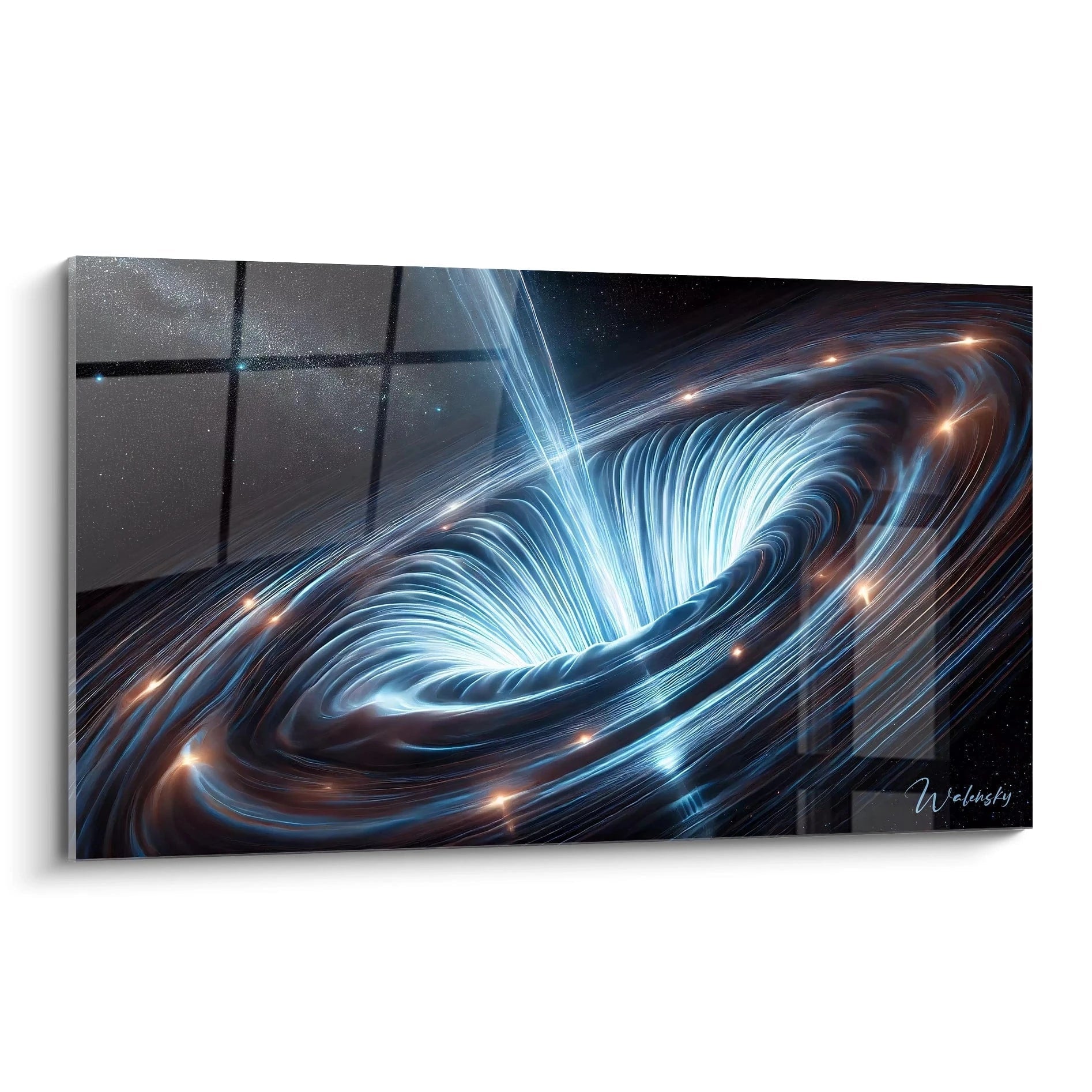 Tableau espace captivant alliant bleu noir argent. Ses textures fluides et lumières hypnotiques évoquent un trou noir actif sublimé par des contrastes saisissants.

