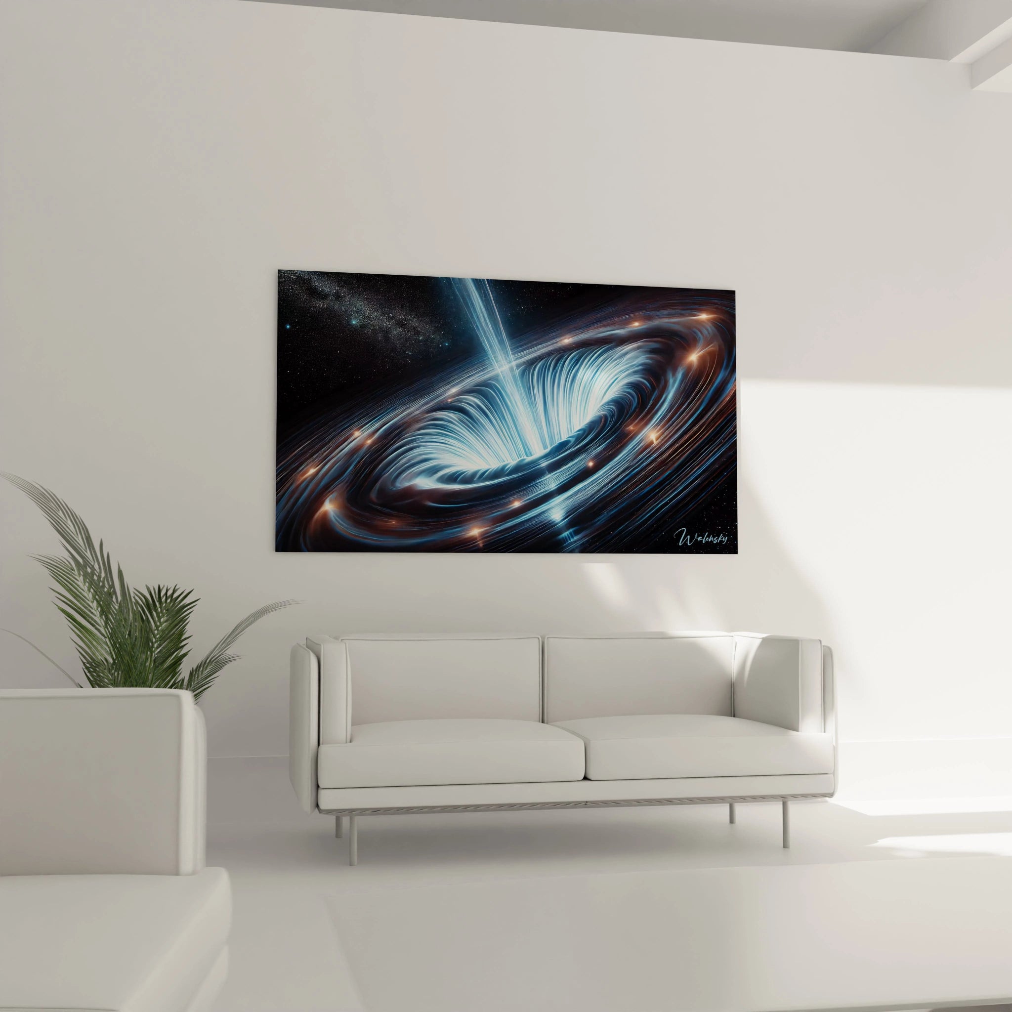 Tableau espace sublime en salon. Ses éclats argentés sur fond bleu noir attirent l’attention, transformant l’espace en une invitation à explorer l’univers.

