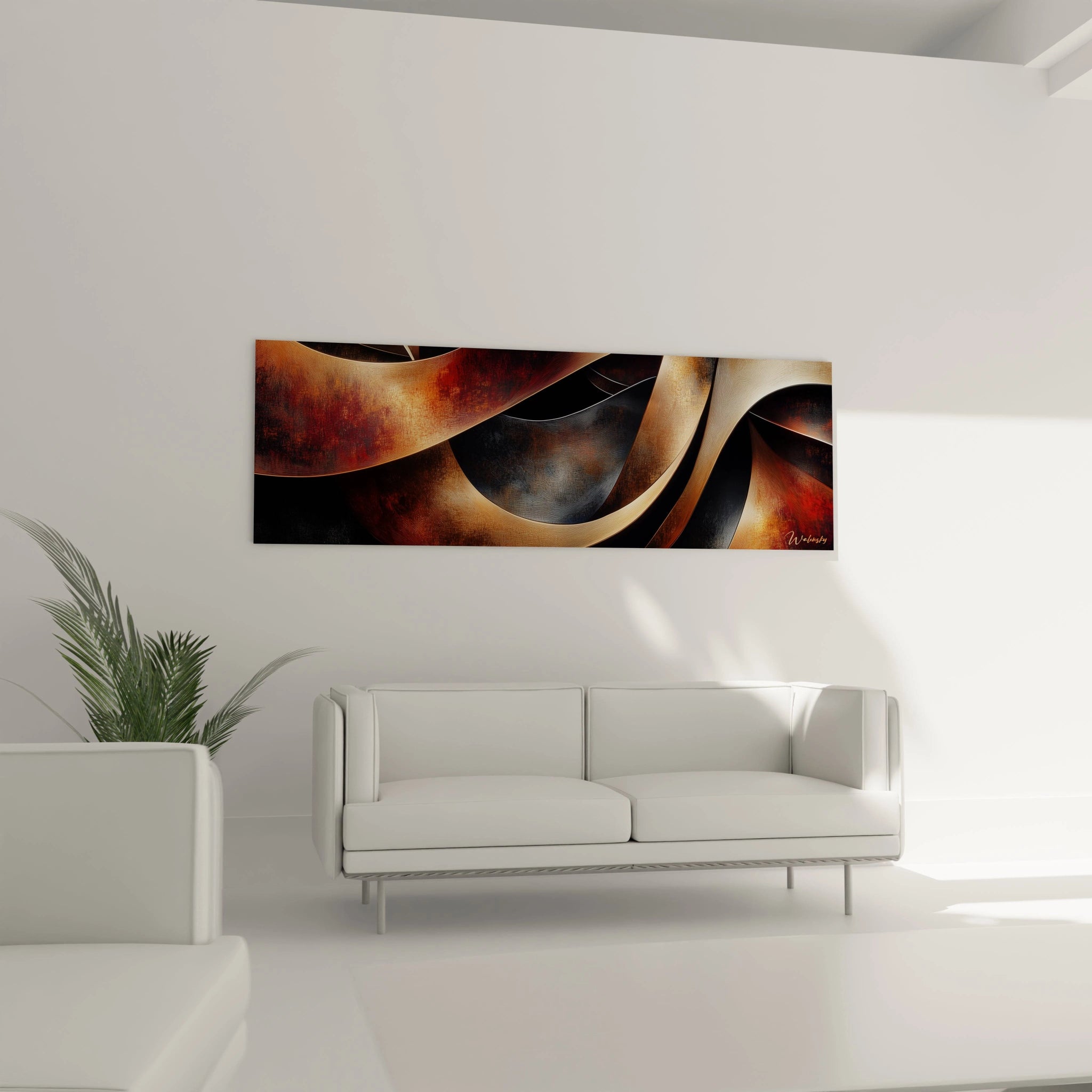Tableau moderne abstrait de Walensky avec des formes sinueuses en tonalités de brun et de noir