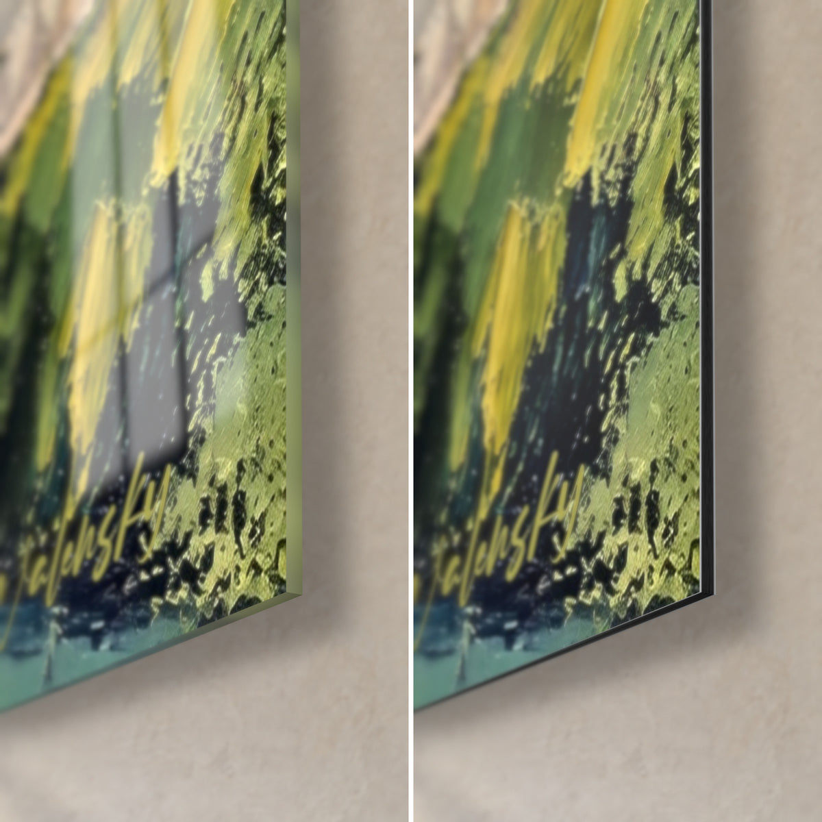 Cuadro Pueblo ribereño, esquina inferior derecha: toques de verde y amarillo, cristal brillante a la izquierda, Dibond negro mate a la derecha