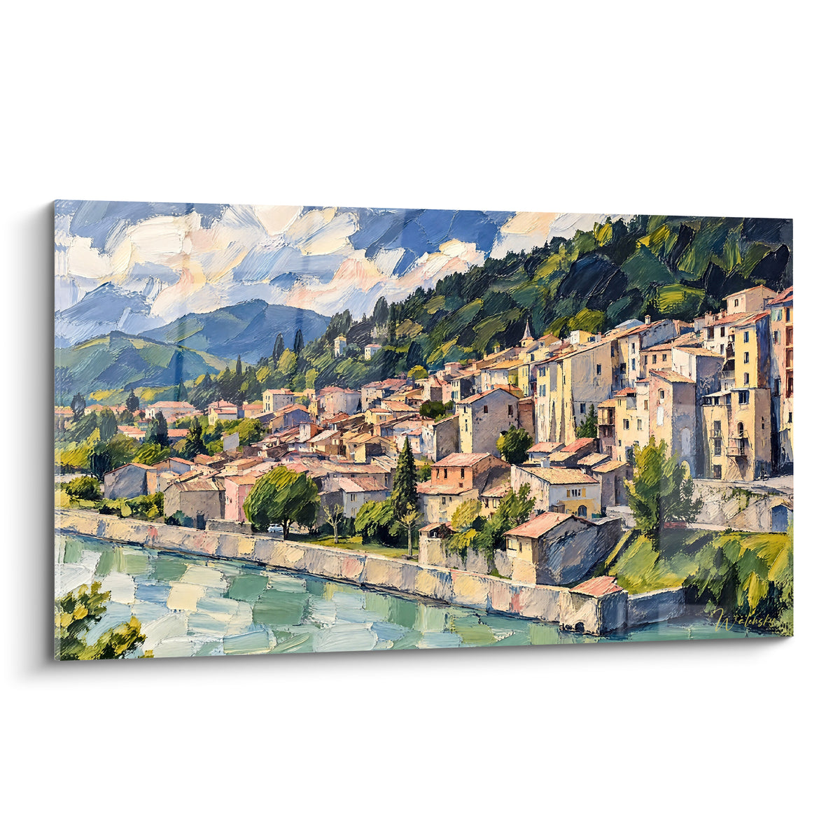 Cuadro Pueblo provenzal ocre de tejados rojos, azul pastel del río, toques pictóricos inspirados en Sisteron