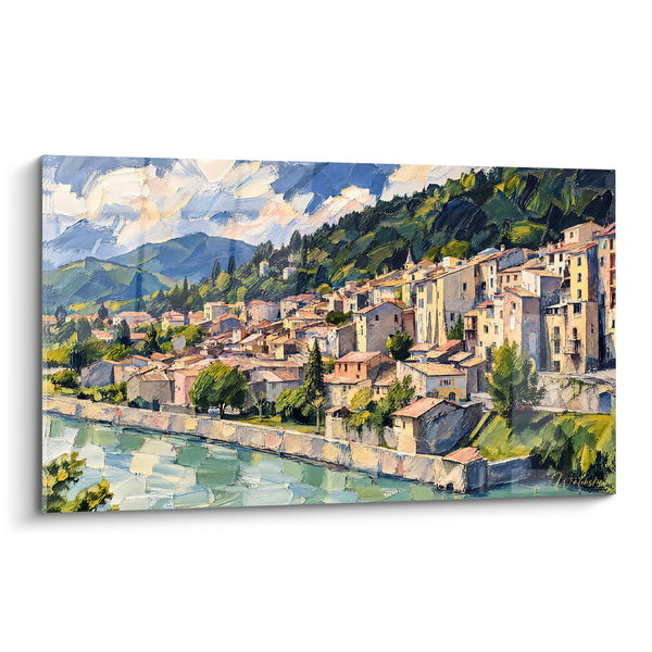 Tableau Village provençal ocre et bleu au bord de l'eau - Quiétude riveraine - Edition Sisteron Provence-Alpes-Côte d'Azur France