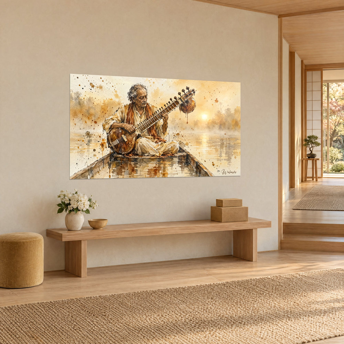 Tableau joueur de sitar méditatif, reflets ocre et or sur l'eau, soleil pâle, mur beige près d'un banc en bois clair