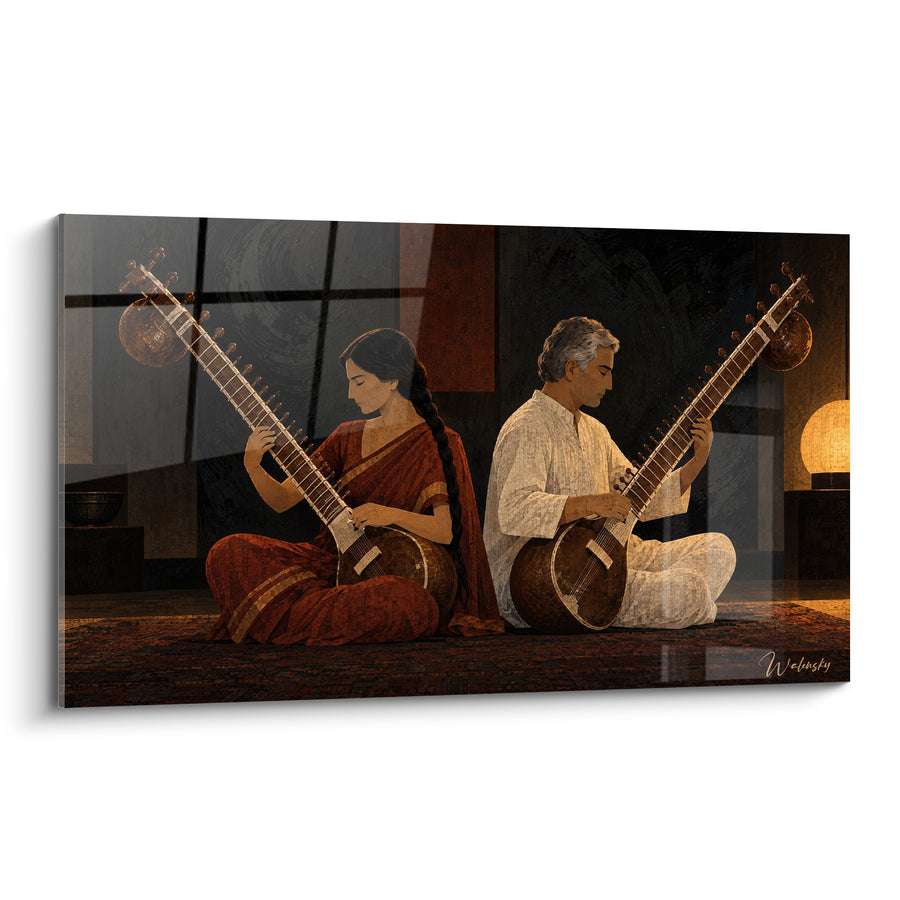 Tableau Musiciens assis en rouge et blanc - Duo méditatif - Edition Sitar