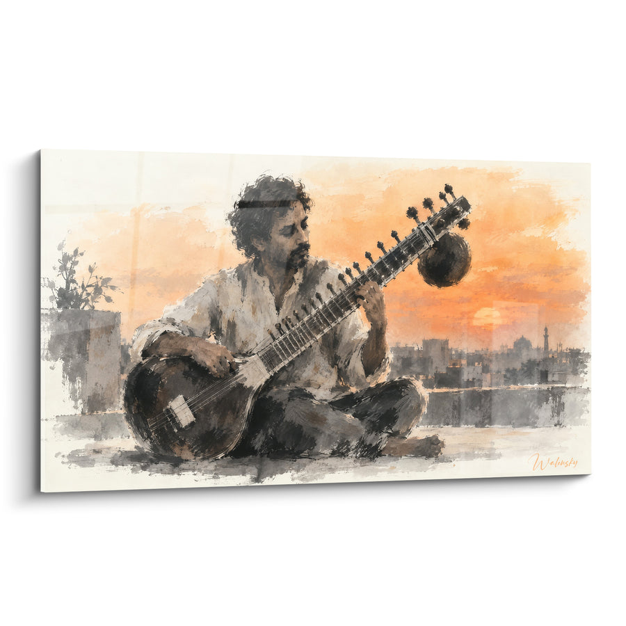 Tableau Musicien assis au coucher orangé et anthracite - Mélodie du crépuscule - Edition Sitar