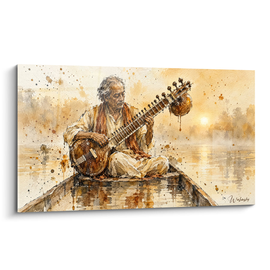 Tableau Musicien ocre et doré sur barque - Mélodie du fleuve - Edition Sitar