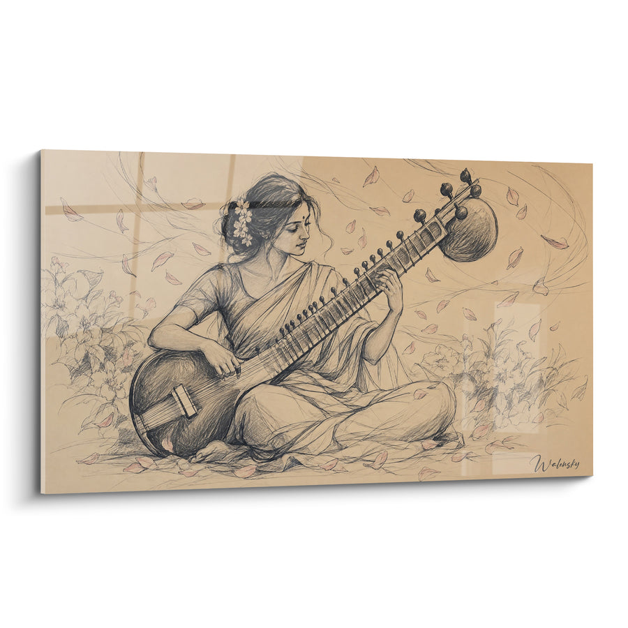 Tableau Musicienne assise fond beige poudré - Mélodie emportée - Edition Sitar