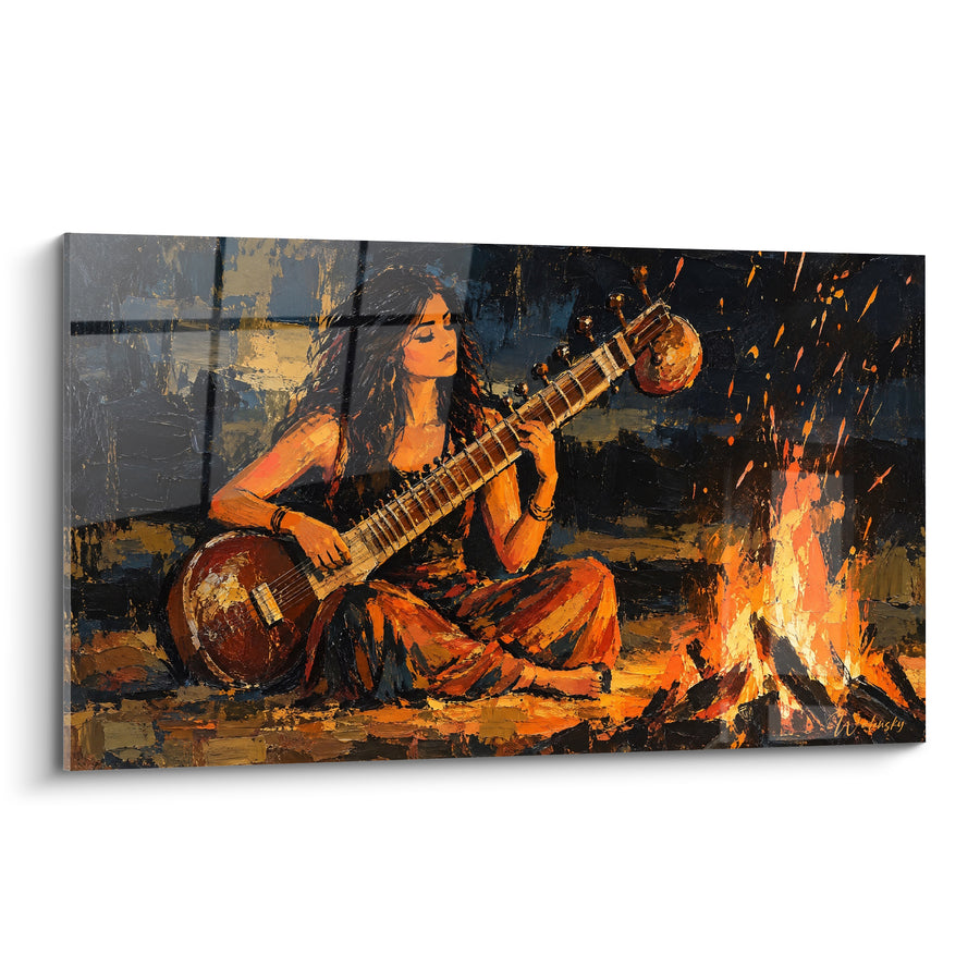 Tableau Musicienne assise près d'un feu doré - Mélodie au coin du feu - Edition Sitar