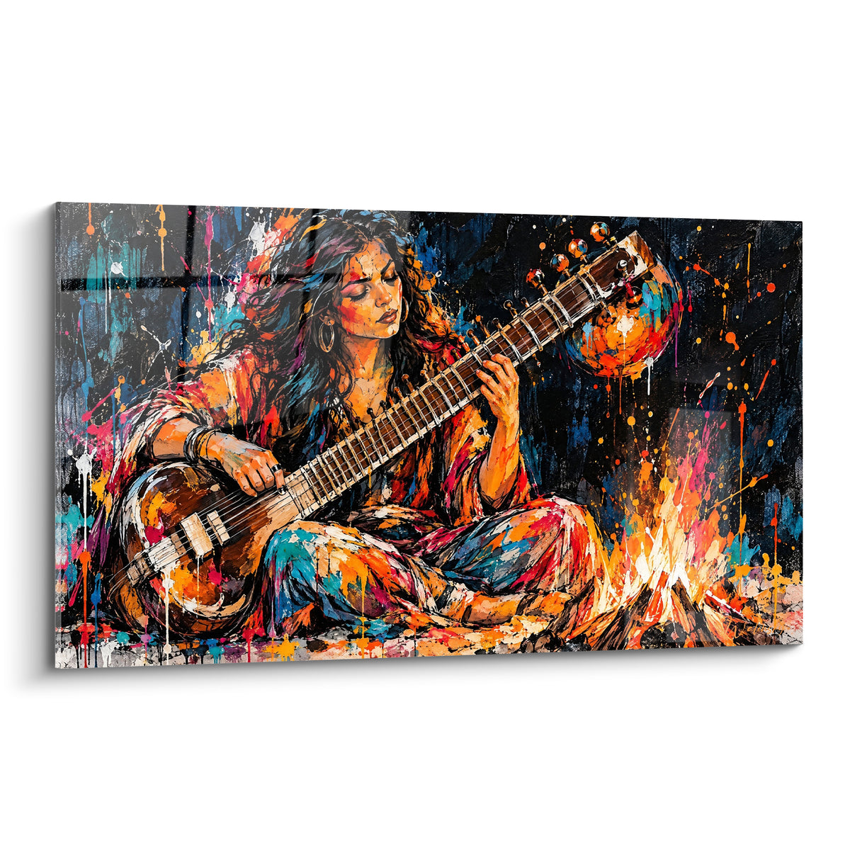 Tableau Sitar musicienne jouant près d'un feu, orange et bleu marine éclatants en pleine toile