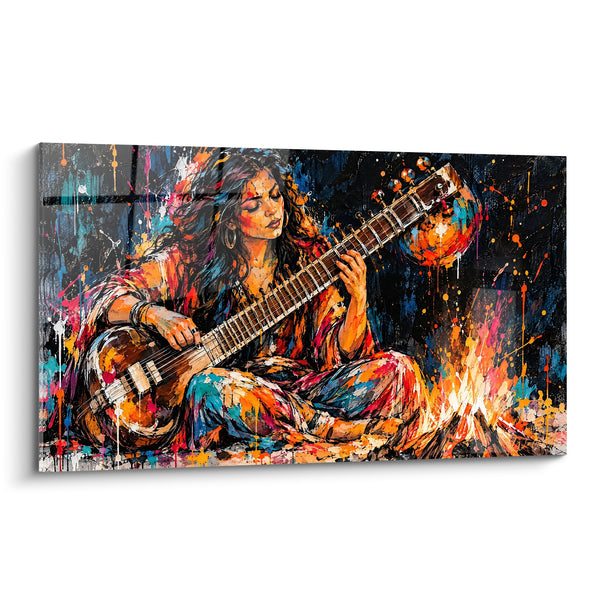 Tableau Musicienne au sitar près d'un feu - Veillée musicale - Edition Sitar