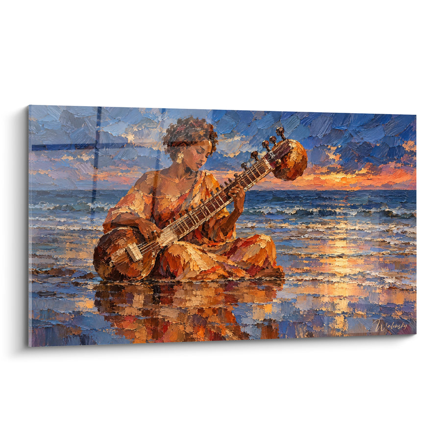Tableau Musicienne orange et bleue dans l'eau reflétée - Rivage au crépuscule - Edition Sitar
