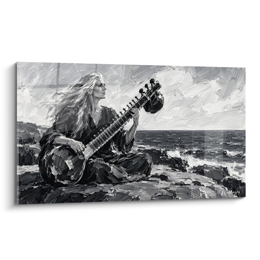 Tableau Musicienne noir et blanc sur rochers côtiers - Mélodie face à l'horizon - Edition Sitar