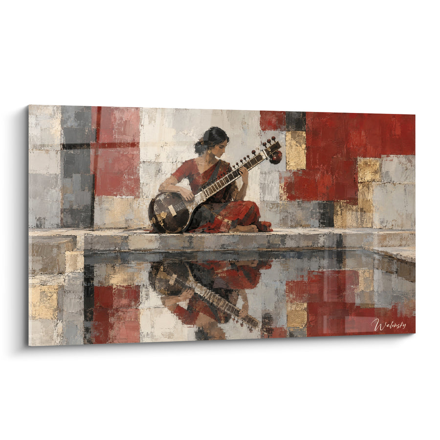 Tableau Musicienne rouge et grise au sitar - Mélodie silencieuse - Edition Sitar