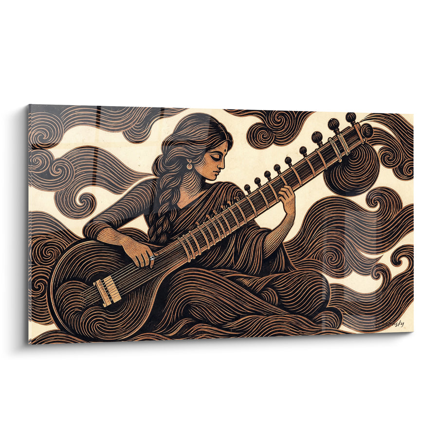Tableau Musicienne aux volutes dorées et noires - Transe musicale - Edition Sitar