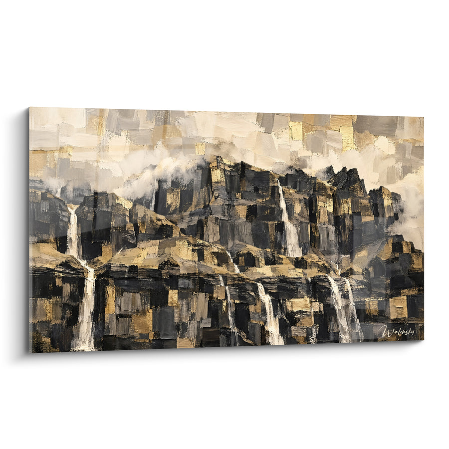 Tableau Cirque rocheux aux cascades dorées et anthracite - Murmure des cimes - Edition Sixt-Fer-à-Cheval Auvergne-Rhône-Alpes France