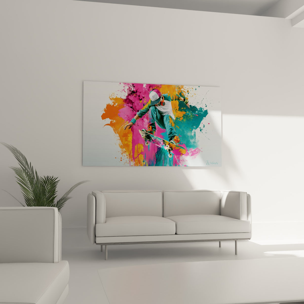 Figure en plein saut, baskets orange, éclaboussures turquoise et fuchsia, au-dessus d'un canapé dans un salon lumineux