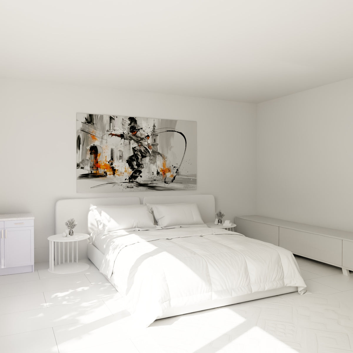 Silhouette de skateur suspendue en plein élan, gris et orange vif, au-dessus d'un lit dans une chambre claire