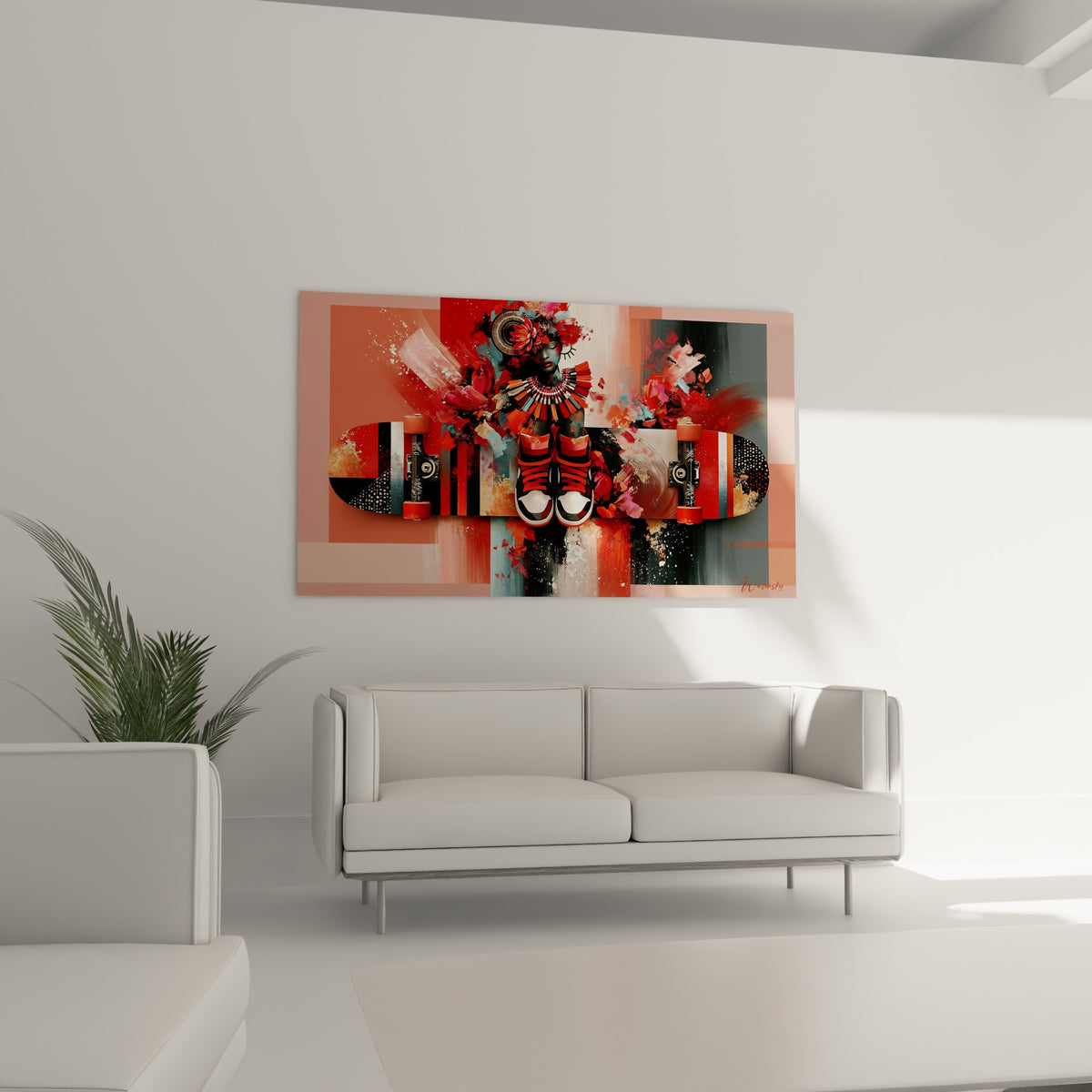 Silhouette ocre et corail se dresse sur une planche anthracite au-dessus d'un canapé dans un salon lumineux