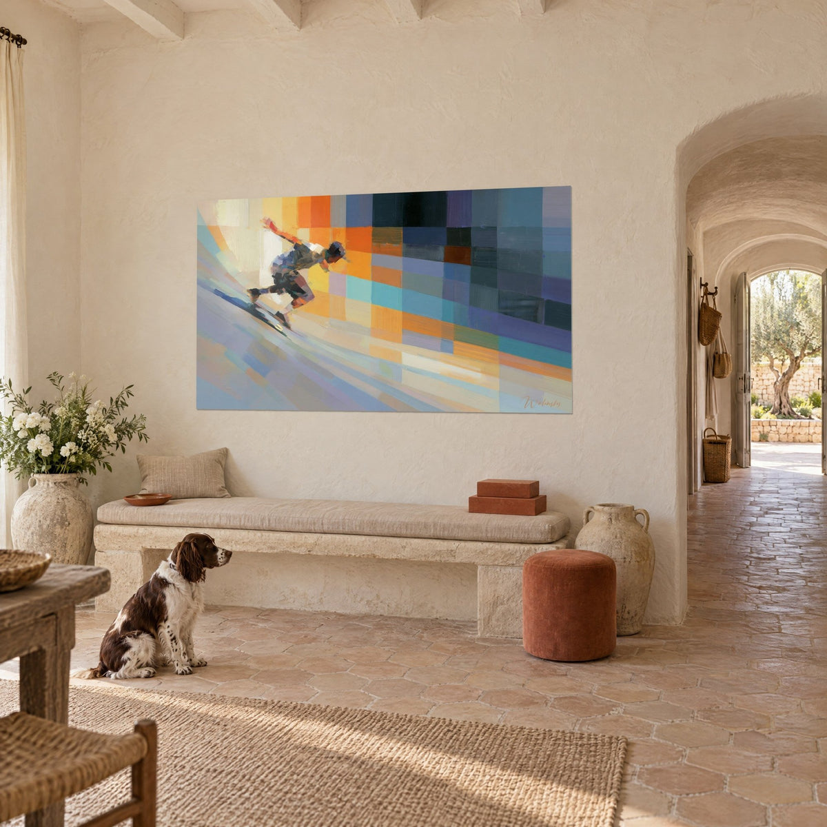 Tableau planchiste en pleine descente, carrés orange et bleu acier, spaniel assis, mur de pierre d'un mas provençal