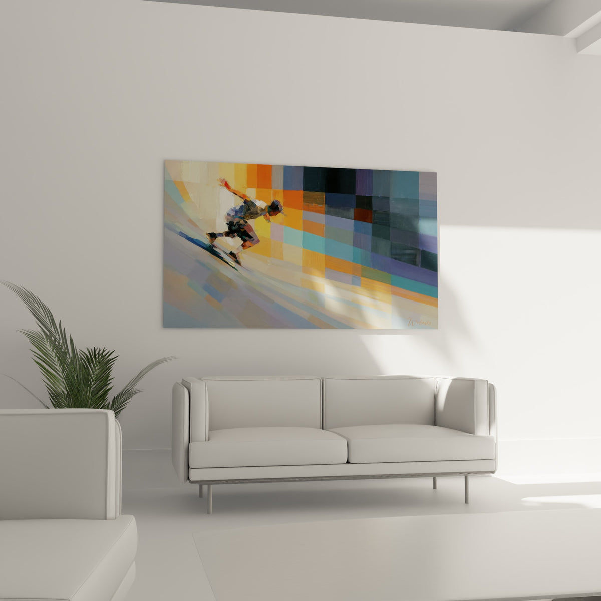 Scène de skateboard aux couleurs vives orange et anthracite, au-dessus d'un canapé dans un salon lumineux