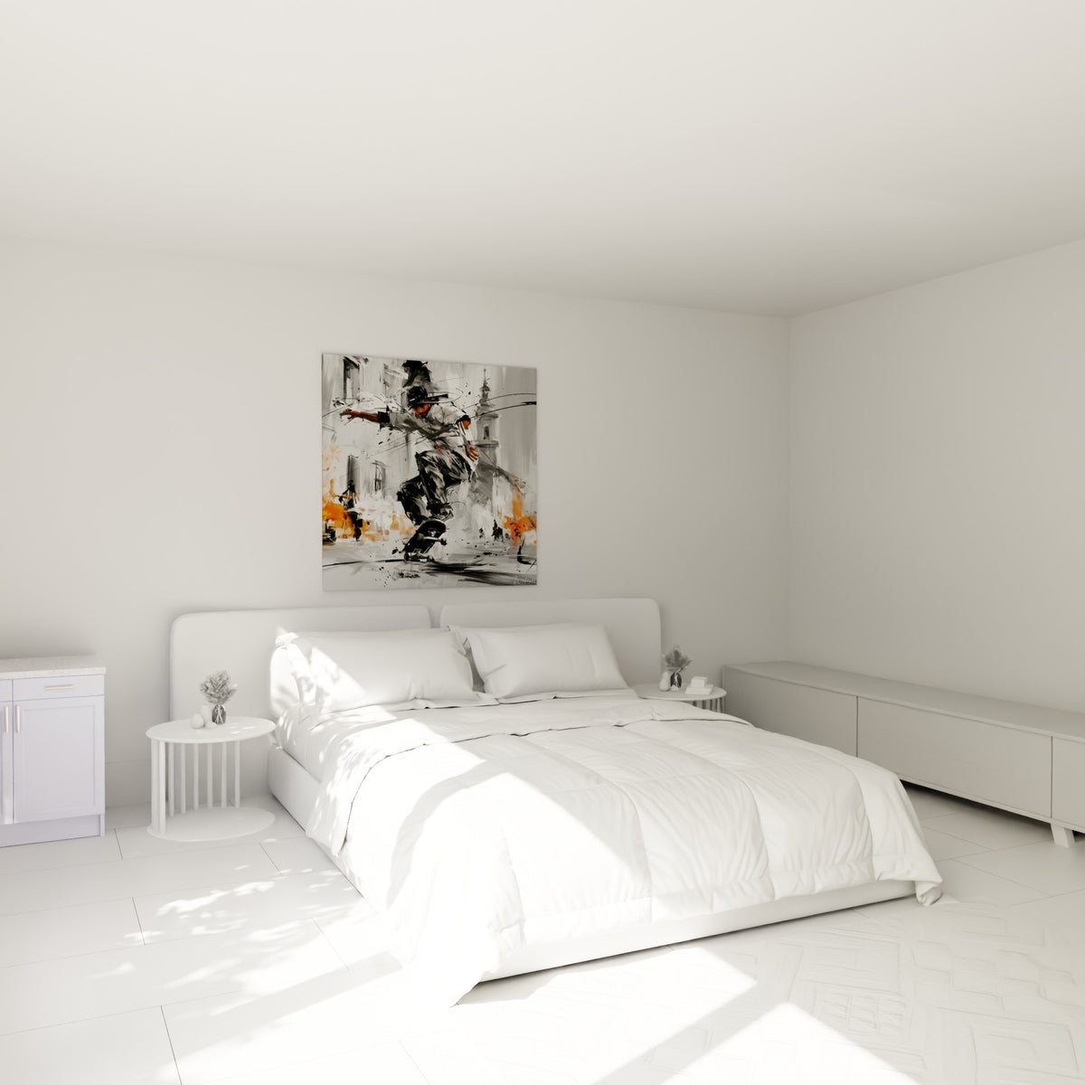 Planchiste anthracite et orange capté en plein saut, au-dessus d'un lit dans une chambre claire