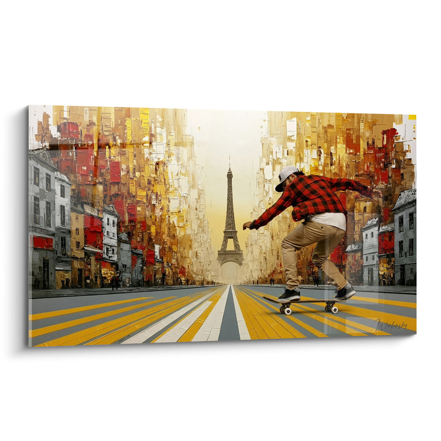 Tableau Skateur chemise rouge avenue dorée parisienne - Glisse parisienne - Edition Skateboard