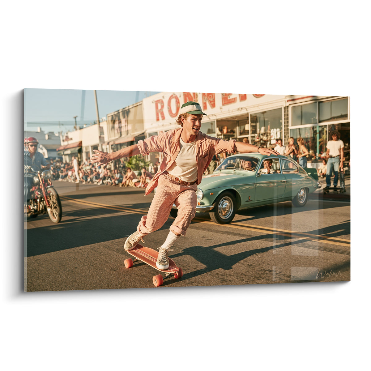 Tableau skateur en veste rose et casquette verte glissant sur avenue ocre animée