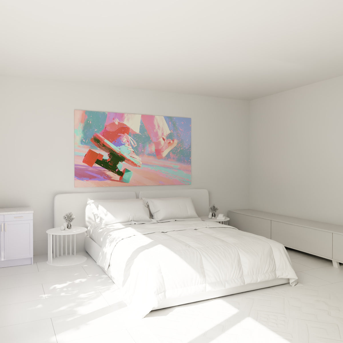Baskets blanches et planche turquoise en mouvement au-dessus d'un lit dans une chambre claire
