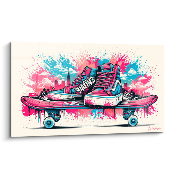 Tableau Baskets roses et bleues sur planche posée - Silhouette urbaine en arrière-plan - Edition Skateboard