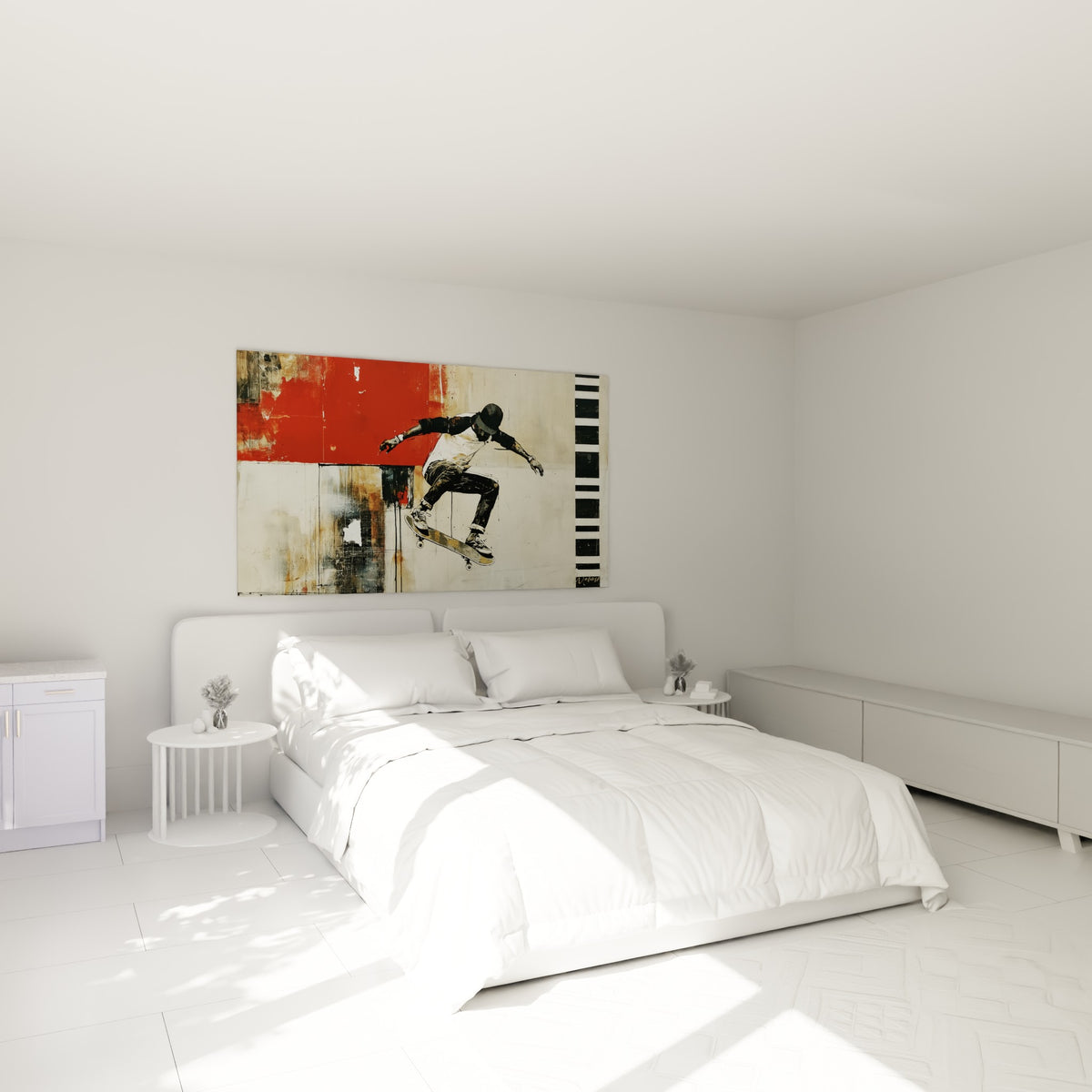 Silhouette de skateur noir et blanc en plein saut au-dessus d'un lit dans une chambre claire