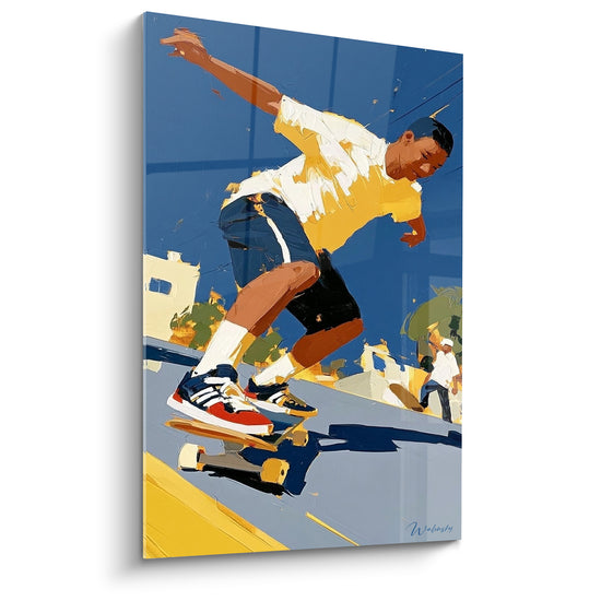 Tableau Skateur jaune et bleu sur trottoir ensoleillé - Passant au loin - Edition Skateboard