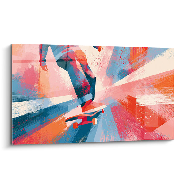 Tableau Skateur jambes bleues et roses éclaboussées - Traits de peinture rayonnants - Edition Skateboard
