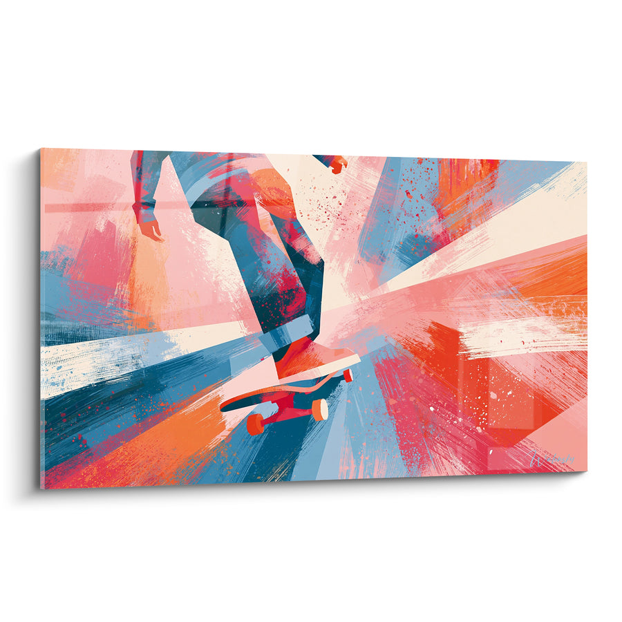 Tableau Skateur jambes bleues et roses éclaboussées - Traits de peinture rayonnants - Edition Skateboard