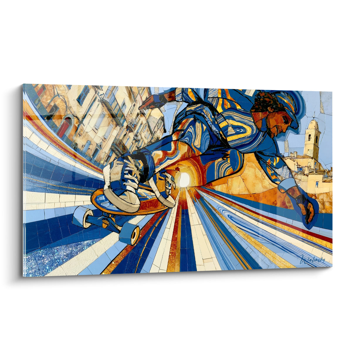 Tableau skateur en glissade bleu marine et doré, ruelle méditerranéenne stylisée en mosaïque éclatée