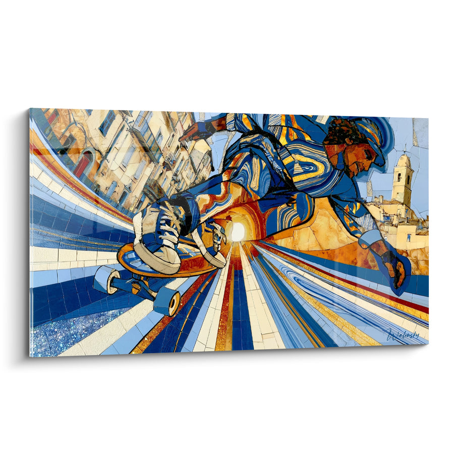 Tableau Skateur bleu doré ruelle méditerranéenne - Descente fulgurante - Edition Skateboard