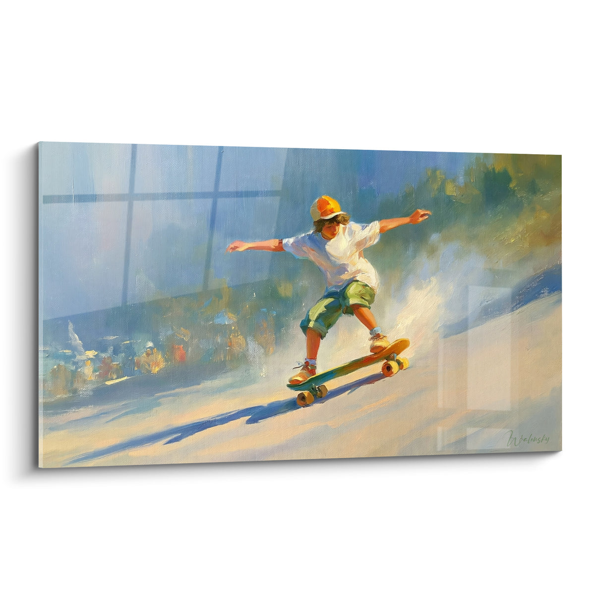 Skateboard peint en plein virage, tee-shirt blanc et short vert, fond bleu ciel esquissé