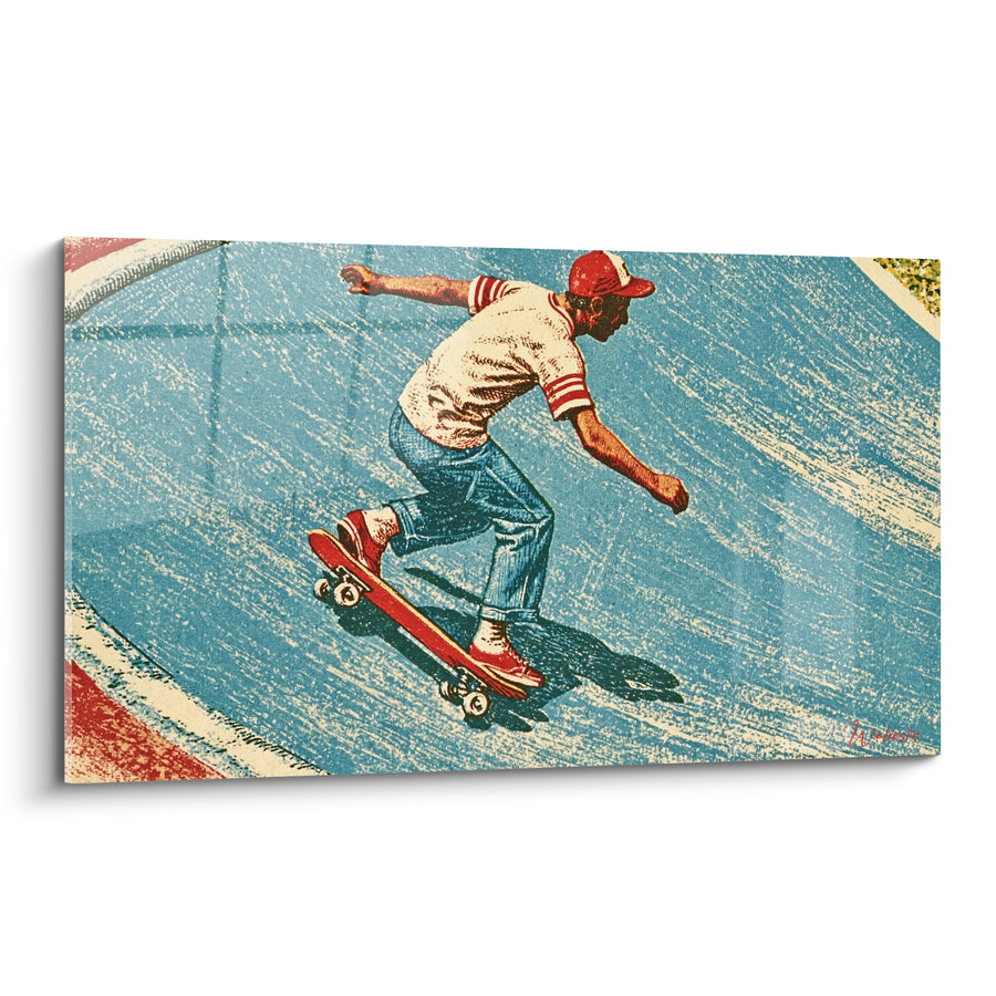 Tableau Skateur casquette rouge sur piste bleue striée - Piste bombée incurvée - Edition Skateboard