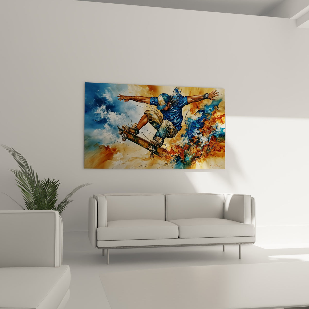 Sauteur bras écartés sur fond bleu ciel et ocre embrasé, au-dessus d'un canapé dans un salon lumineux