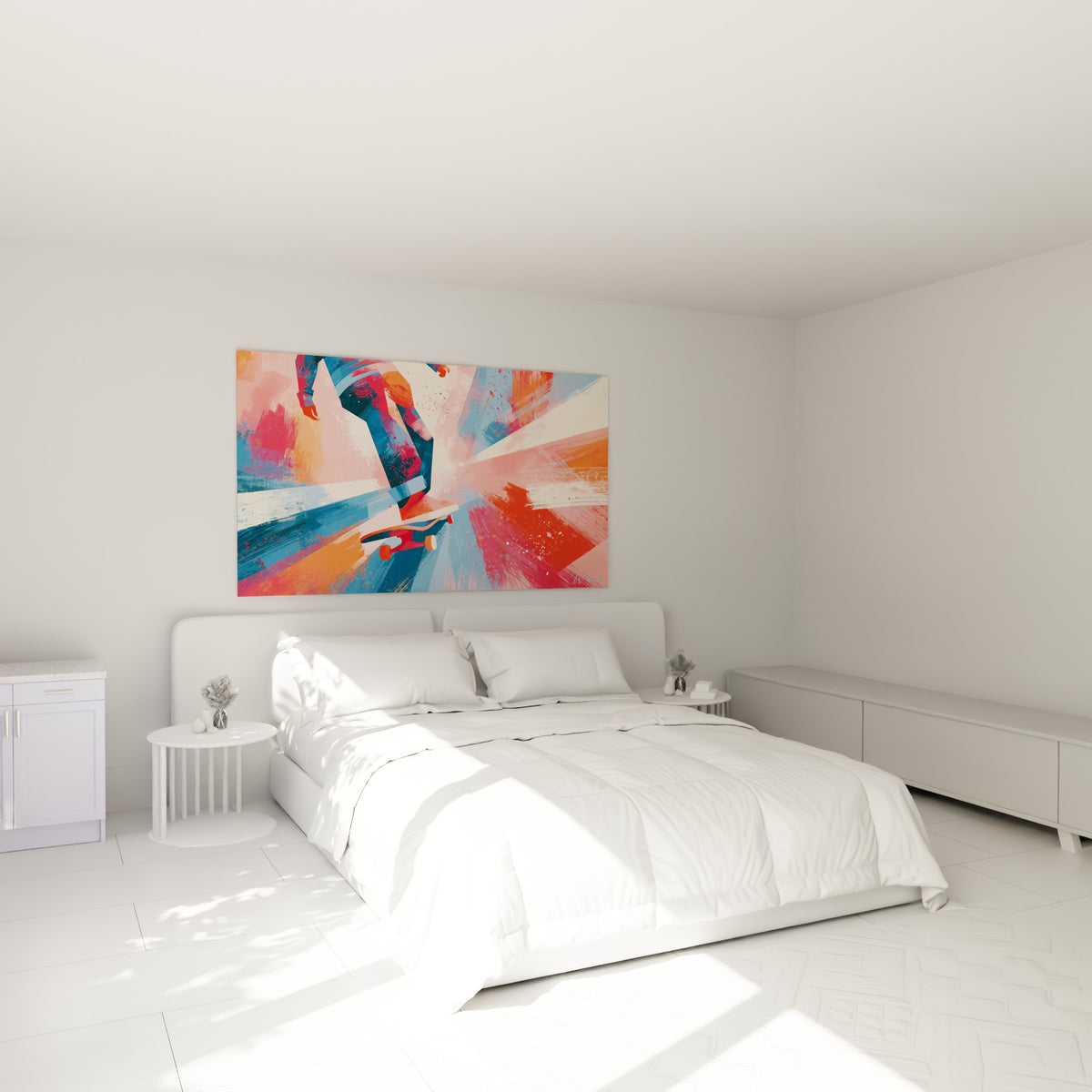 Saut de skateboard aux teintes corail et bleu marine, au-dessus d'un lit dans une chambre claire