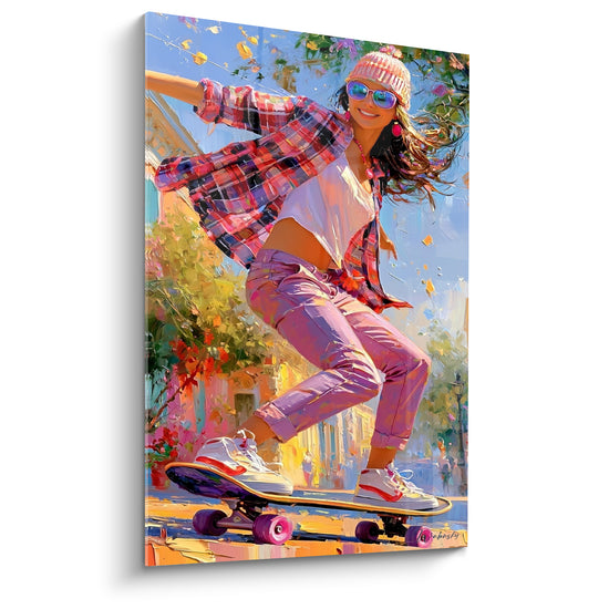 Tableau Skateuse chemise rouge et pantalon mauve - Bonnet rayé et lunettes miroir - Edition Skateboard
