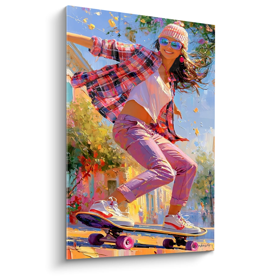 Tableau Skateuse chemise rouge et pantalon mauve - Bonnet rayé et lunettes miroir - Edition Skateboard