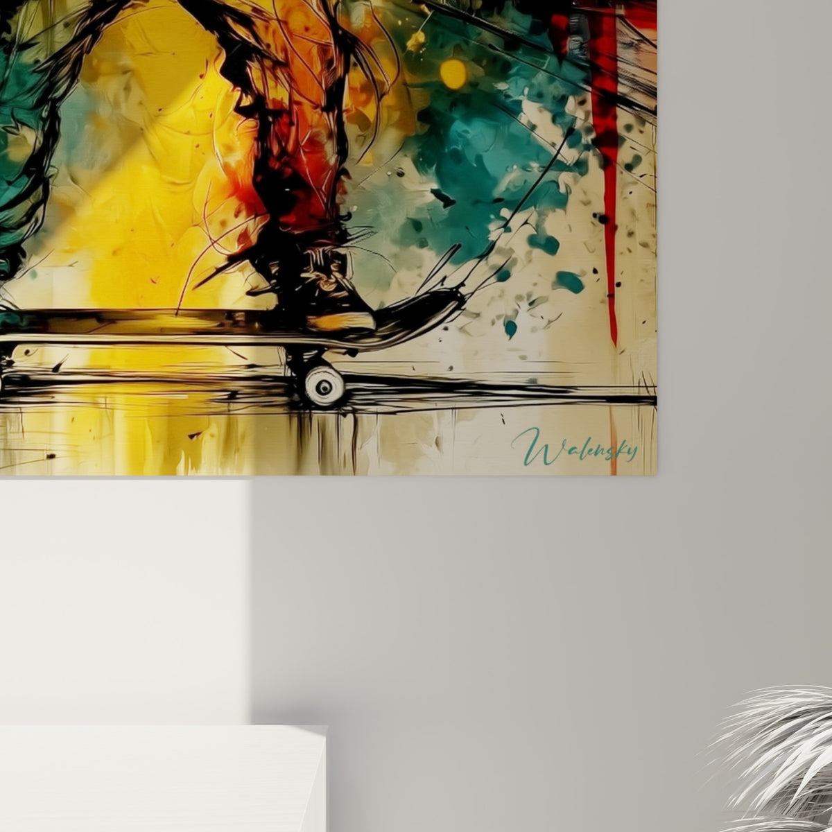 Empâtements noirs et coulures rouges se mêlent à l'ocre vibrant sur cette toile de skateur