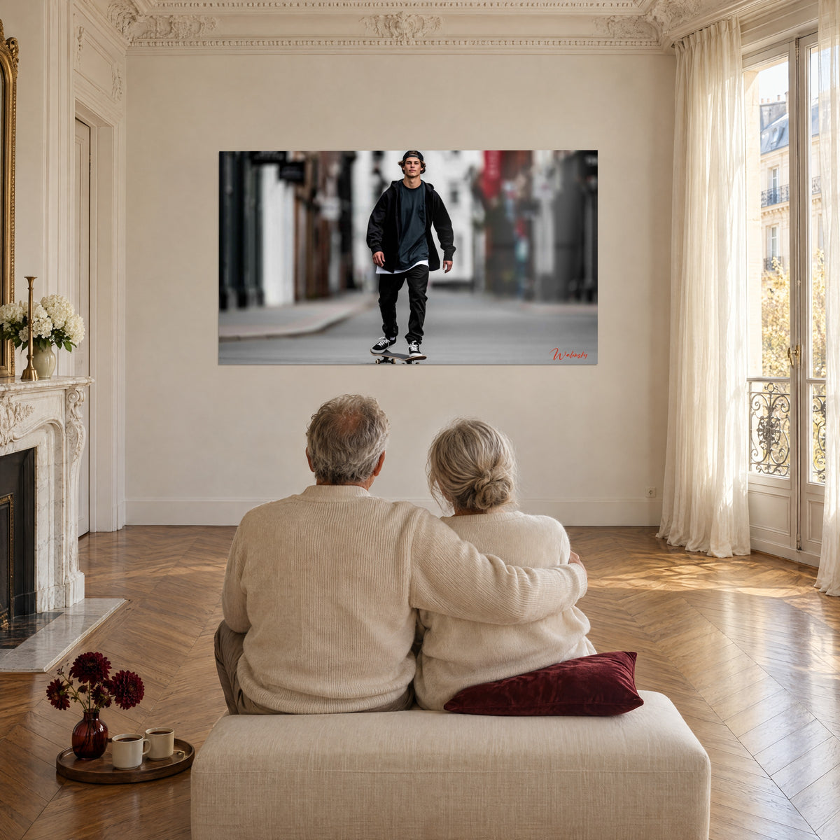 Cuadro de un skater con mirada directa, gorra negra, fondo borroso blanco y carmesí, delante de una pareja mayor abrazada de espaldas