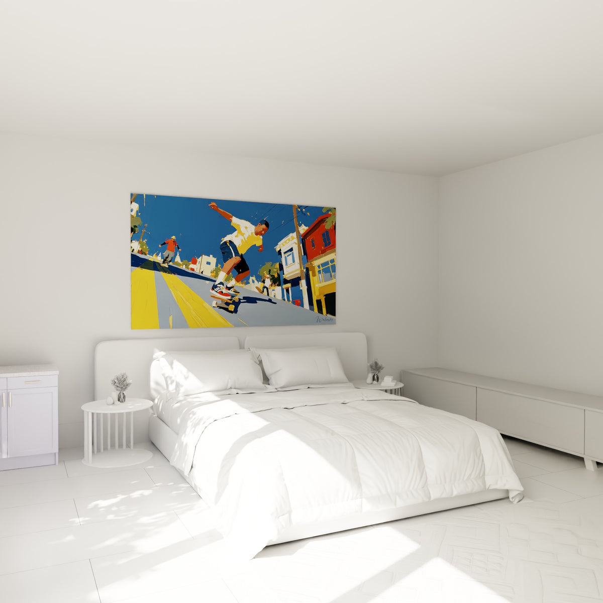 Descente en skateboard sur bitume bleu et jaune, toile accrochée au-dessus d'un lit dans une chambre claire