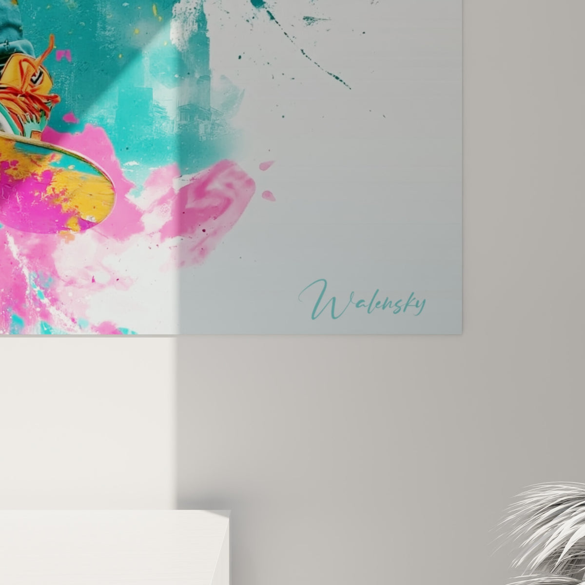 Détail des éclaboussures peintes en orange, rose et turquoise, empâtements visibles autour du skateur suspendu