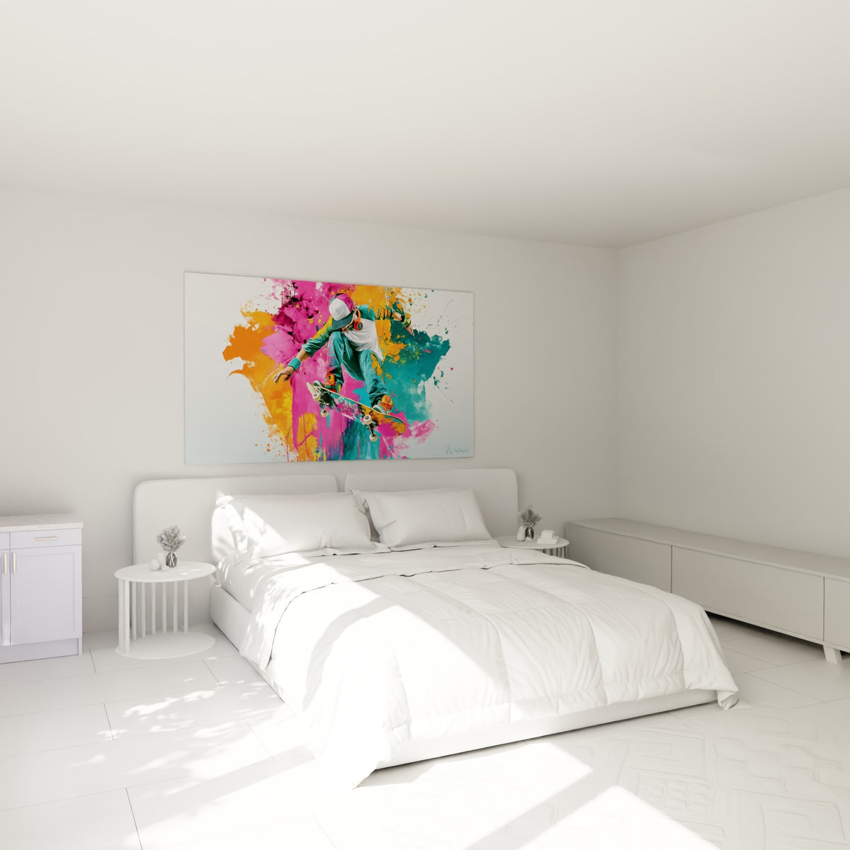 Sauteur en skateboard, casquette rose et blanche, couleurs orange et teal, au-dessus d'un lit dans une chambre claire
